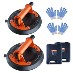 Two orange and black 8-inch glass suction cup lifters with two pairs of blue grip gloves and two black cases.