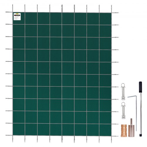 Green mesh safety cover for 14x26ft rectangular inground pool with anchors, straps, and installation tools.
