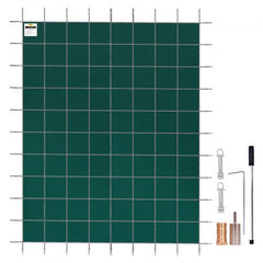 Green polypropylene mesh safety cover for 16x36ft inground pools with brass anchors.