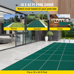 Green PP mesh safety cover for 16x40 ft inground pools with brass anchors and springs.