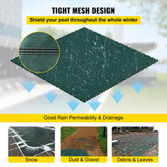 Green PP mesh safety cover for 16x40 ft inground pool with brass anchors and springs.