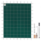 Green mesh safety cover for inground pools, measuring 20x38 ft, designed for winter use.