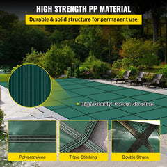 Green mesh safety cover for inground pools, measuring 20x38 feet, with durable material.