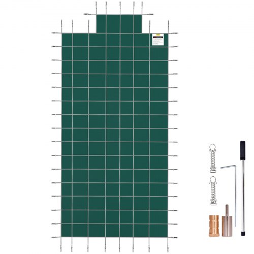 Green mesh pool safety cover measuring 20x40ft with center end steps for secure protection.