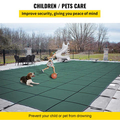 Green mesh safety cover for inground pools, 20x40ft with center end steps.