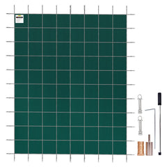 Green mesh safety cover for 20x40ft rectangle inground pool with brass anchors.