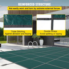 Bostome 20x38 ft inground pool safety cover in mesh polypropylene with right step design.