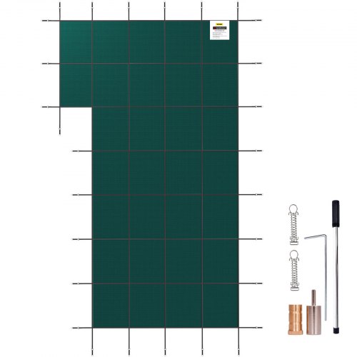 Bostome 18x34 ft inground pool safety cover in mesh material with left step feature.