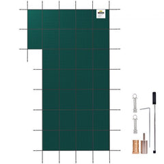 Bostome 18x34 ft inground pool safety cover in mesh material with left step feature.