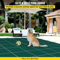 Green mesh rectangular inground pool safety cover, 16x30 ft, fitting 14x28 ft pool.