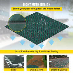 Green mesh polypropylene safety cover for 20x42 ft inground pools with reinforced edges.