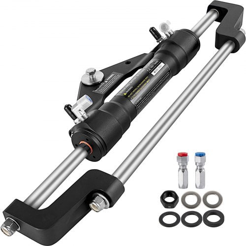Black hydraulic steering cylinder with front mount, rod, fittings, and seals for boats.