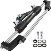 Black hydraulic steering cylinder with front mount, rod, fittings, and seals for boats.