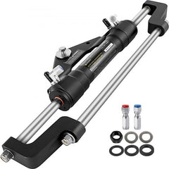Black hydraulic steering cylinder with front mount, rod, fittings, and seals for boats.