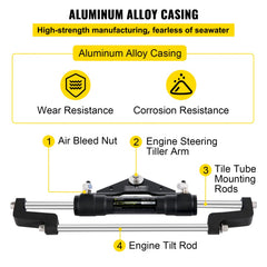 Bostome HC5345-3 hydraulic steering cylinder with aluminum alloy casing, front mount, and labeled components.
