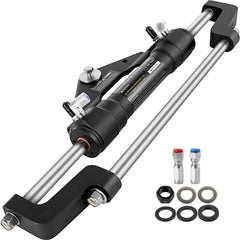 Black hydraulic steering cylinder with front mount brackets, rods, and fittings for boats.