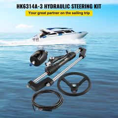 A hydraulic boat steering kit with a helm pump, cylinder, steering wheel, and hose.