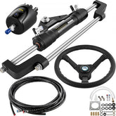 Bostome hydraulic boat steering kit with an aluminum cylinder, hoses, and a steering wheel.