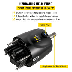Black hydraulic helm pump with built-in valves, air pocket, filter port, and replaceable shaft seal for boat steering.