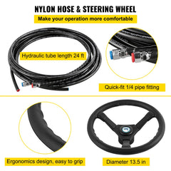 Hydraulic boat steering kit with 24ft nylon hose, quick-fit fittings, and 13.5-inch ergonomic wheel.