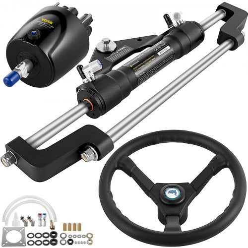 Aluminum alloy hydraulic outboard boat steering kit with pump, cylinder, wheel, and fittings.