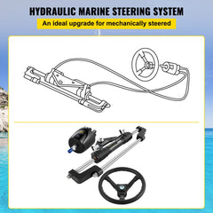 Bostome 300HP hydraulic outboard boat steering kit in aluminum alloy, showing pump, cylinder, wheel, and hoses.