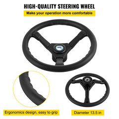 Black 13.5-inch ergonomic steering wheel with grip ridges and blue center emblem.