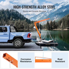 Bostome hydraulic pickup truck crane hoist with a 500 lbs capacity and 360° swivel feature.