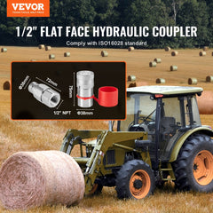 1/2-inch flat face hydraulic coupler with 3/4 SAE threads, dust caps, and ISO 16028 compliance, shown with tractor in field.