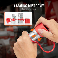 Red 1/2-inch flat face hydraulic couplers with dust caps, shown connecting and capped.