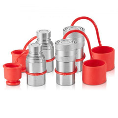 Set of silver 1/2" flat face hydraulic couplers with red dust caps.