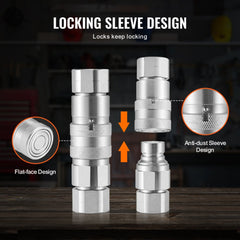 Pair of silver 1/2-inch flat face hydraulic couplers with locking sleeve and anti-dust design.