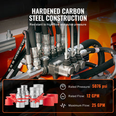 1/2-inch flat face hydraulic couplers with hardened carbon steel construction, rated to 5076 psi and 25 GPM max flow.