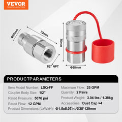 1/2" flat face hydraulic couplers with 1/2" NPT threads, steel body, red dust caps, and dimensions shown.