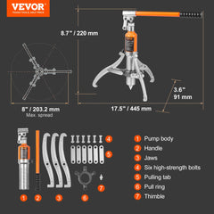 Bostome 5 Ton Hydraulic Gear Puller with 2/3 jaws and 8-inch max spread, showing components.