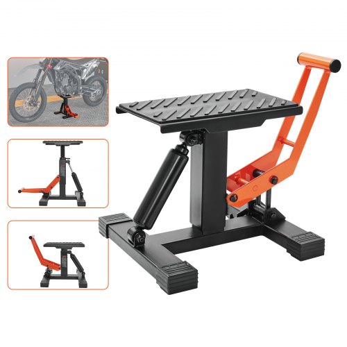 Black and orange hydraulic dirt bike lift stand with adjustable height up to 440 lbs capacity.