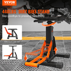 Bostome hydraulic dirt bike lift stand with 440 lbs capacity and adjustable height from 10 to 18 inches.