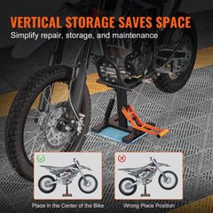 Hydraulic dirt bike lift stand with adjustable height for vertical storage and maintenance.