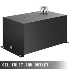 Steel hydraulic fluid tank with 10-gallon capacity and integrated oil level gauge.
