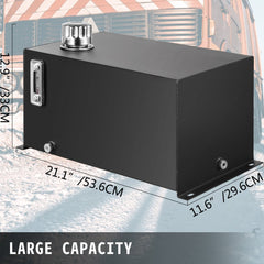 Steel hydraulic fluid tank with 10-gallon capacity and integrated oil level gauge.