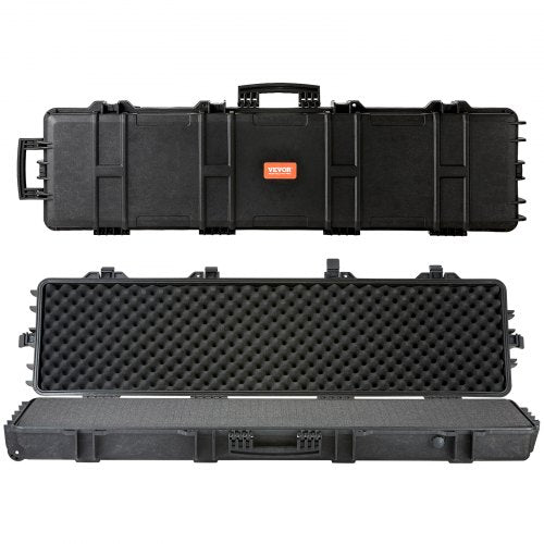 Black 50-inch waterproof tactical hard rifle case with wheels and foam interior padding
