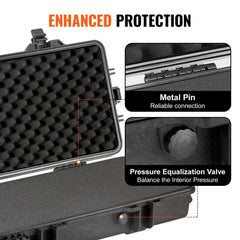 Open black tactical rifle case with foam padding, metal pin hinge, and pressure equalization valve.