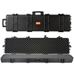 Black 50-inch waterproof tactical hard rifle case with wheels and foam interior padding.
