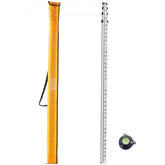 Telescopic 14ft aluminum grade rod with dual-sided markings and integrated bubble level.