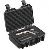Black hard pistol case open with pre-cut foam holding tan pistol and magazine.