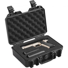 Black hard pistol case open with pre-cut foam holding tan pistol and magazine.