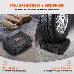 Black Bostome hard pistol case with pre-cut PU foam, IP67 waterproof, on rocky ground near tire.