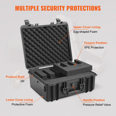 Black waterproof hard pistol case with adjustable foam and TSA approved design.