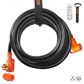 25ft RV extension cord with NEMA 14-50P/R plugs and LED indicator for power status.