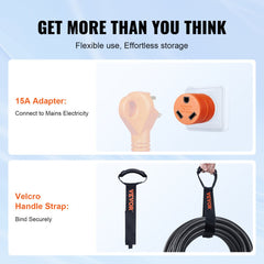 50ft 30A RV extension cord with NEMA TT-30P/TT-30R plugs, 15A adapter, and Velcro storage strap.